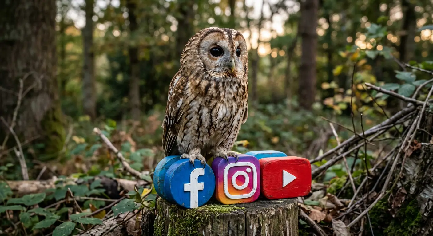 Owl perched on colorful social-media blocks (Facebook, Instagram, YouTube) in a forest setting.